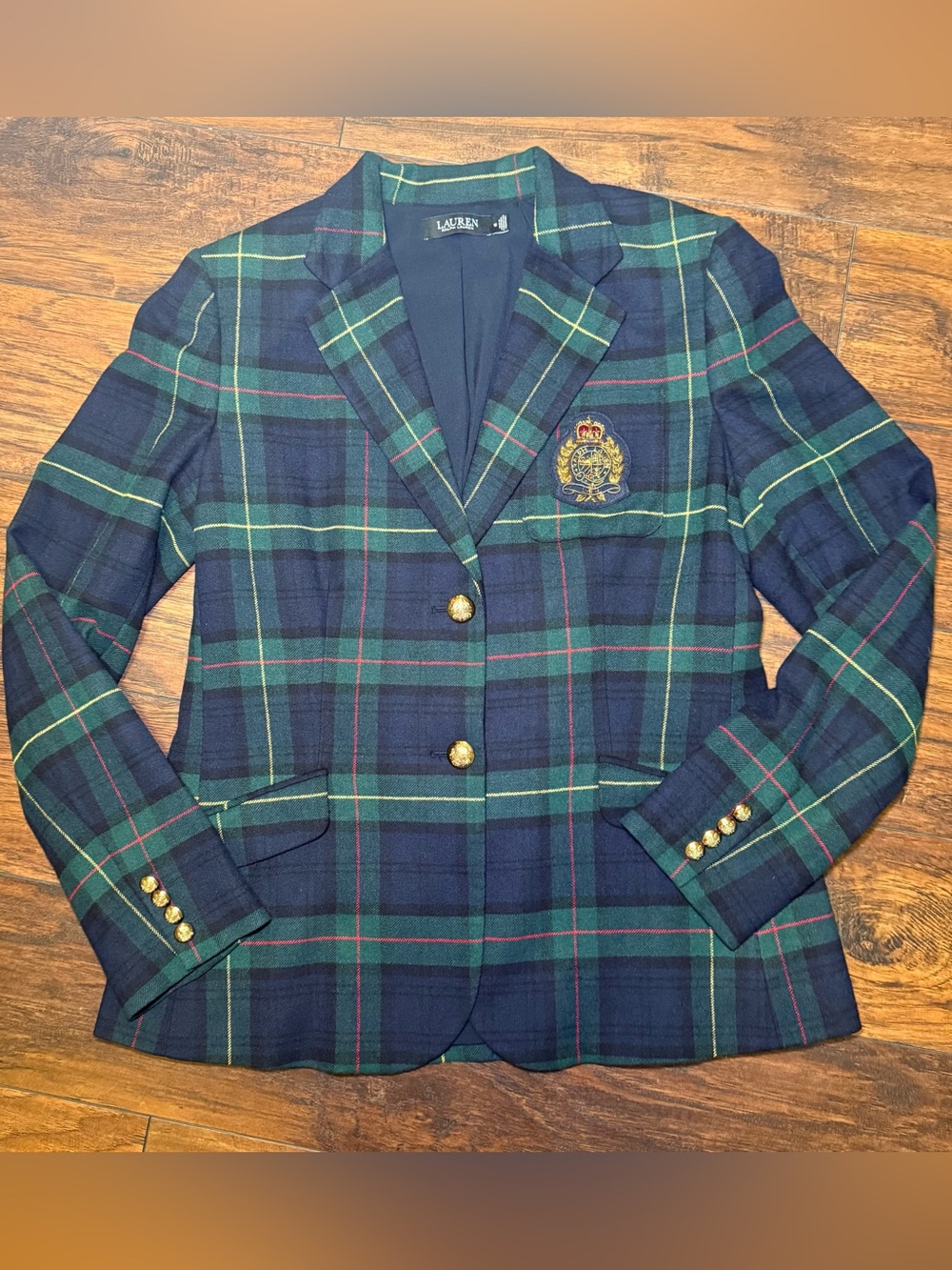 Ralph Lauren Plaid Bullion Crest Blazer 12 EUC Navy Green Tartan Preppy Academic - Picture 12 of 16